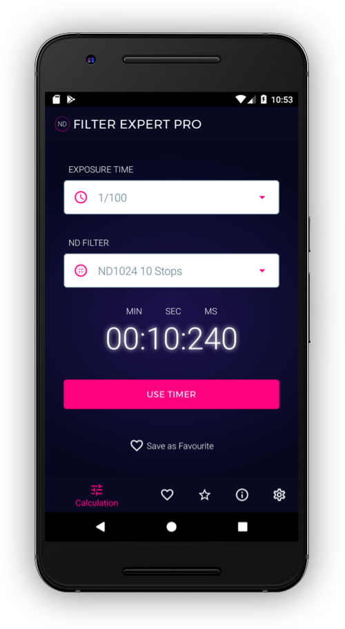 Smartphone zeigt Startbildschirm der ND-Filter Expert App